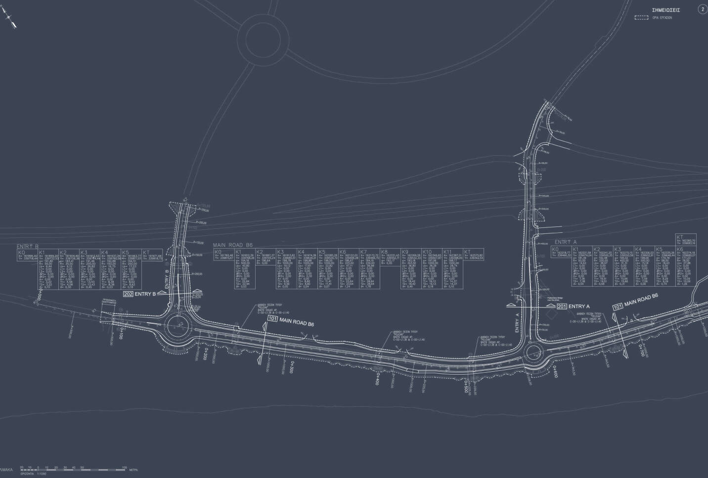 Blueprint of a road, with a roundabout visible