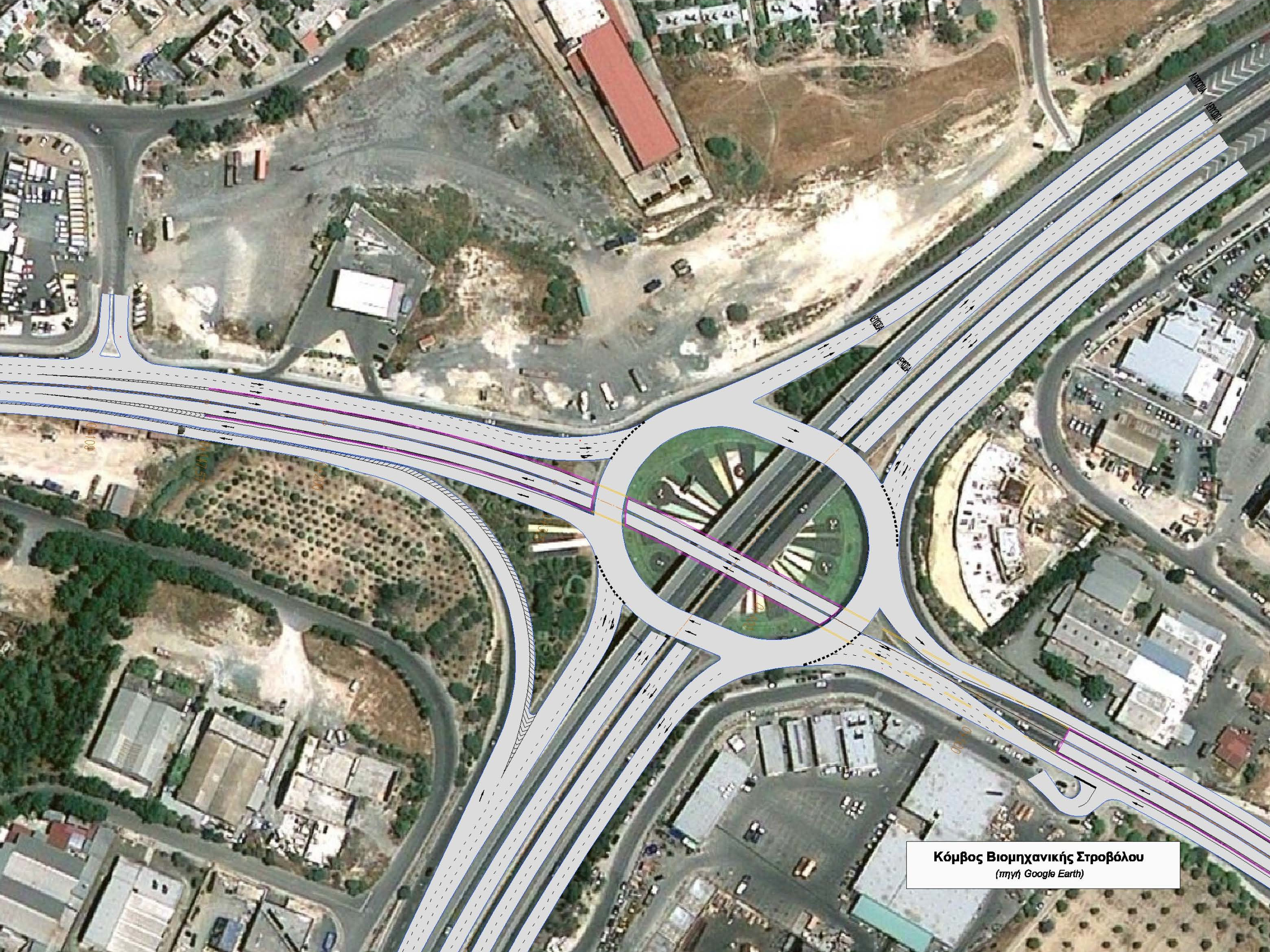diagram of a highway interchange with a roundabout over satellite imagery
