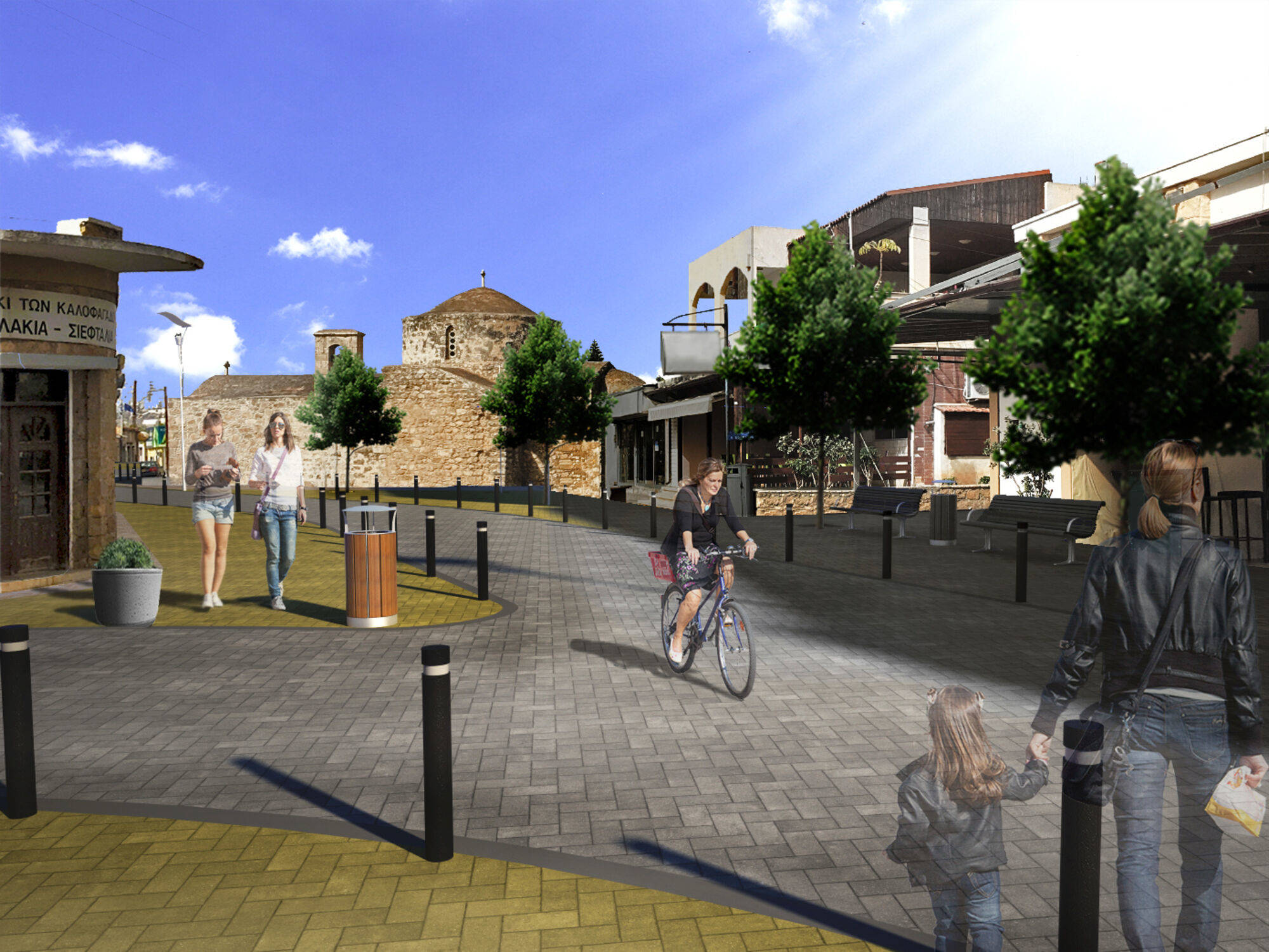 composite of 3D render and photos showing proposed pedestrian area design