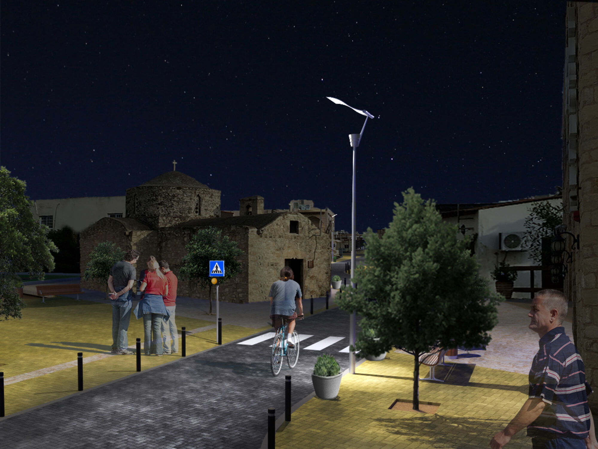 composite of 3D render and photos showing proposed pedestrian area design